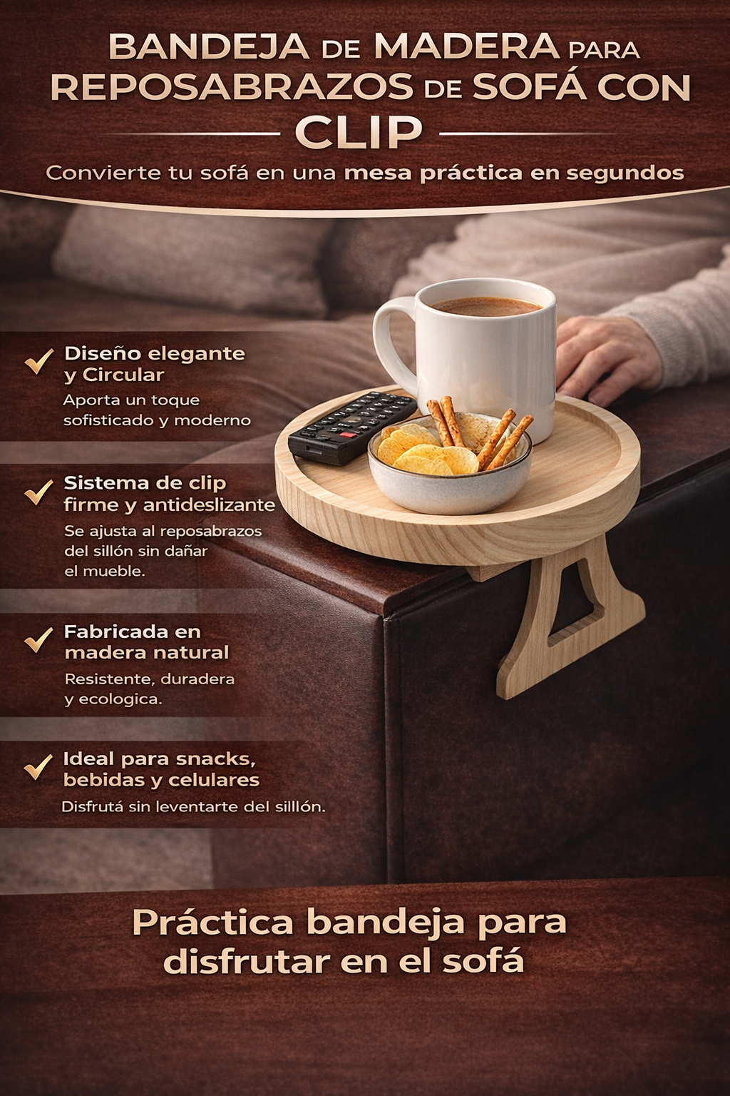 Bandeja Clip-On de Madera Natural para Reposabrazos de Sofá