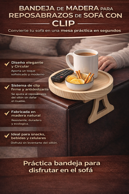 Bandeja Clip-On de Madera Natural para Reposabrazos de Sofá