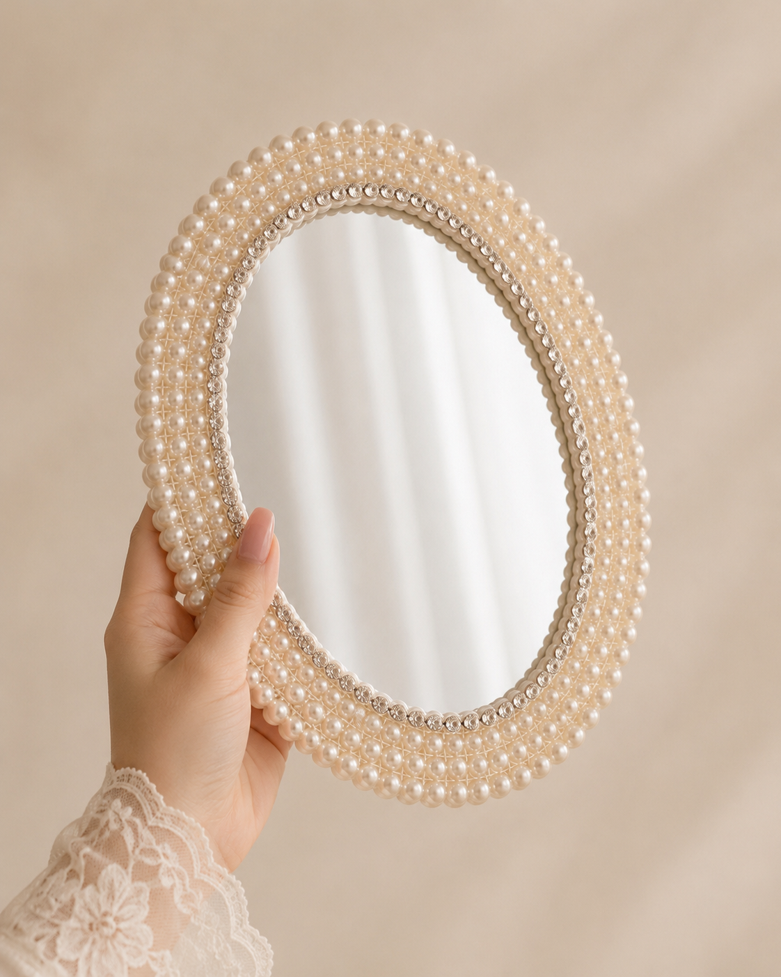 Espejo de Mesa con Perlas y Cristales